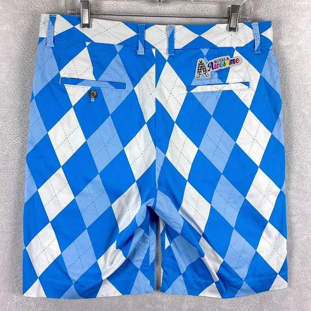 Royal and Awesome Shorts Mens 34 White Blue Argyle Preppy Golf Summer Beach